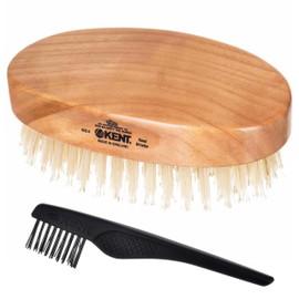 Kent MC4 Men's Hair and Beard Brush Kit: Exfoliating Natural Boar Bristle Hair Brush, Cherrywood Base with Firm Bristles for Coarse Hair Types - LPC3 Brush Cleaner - Premium Grooming Set