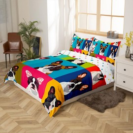 jejeloiu Boston Terrier Bedding Set Twin Size Kids Cute Dog Comforter Cover for Boys Girls Teens Kawaii Pet Colorful Grid Duvet Cover Soft Lightweight Microfiber Room Decor,No Stuffing