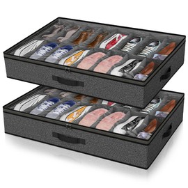 Under Bed Shoe Storage Organizer for Closet, Fits 32 Pairs Underbed Shoes Box Storage Containers Under the Bed Storage Foldable with Sturdy Handles&Clear Window for College Dorms Grey, Set of 2