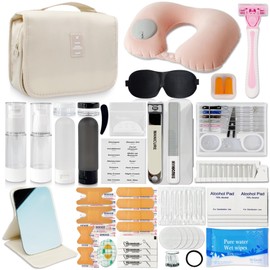 Travel Kit 39 Essentials for Travel Emergency, Large Capacity Toiletry Bag, All Purpose Grooming Set, Airplane Pillow Kit, TSA Approved (Pearl Bisque Beige)