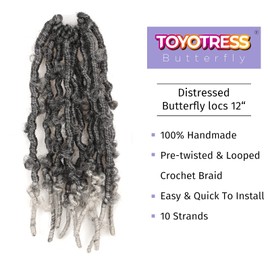 ToyoTress Butterfly Locs Crochet Hair - 12 inch 8 Pcs Ombre Gray Pre-twisted Distressed Crochet Braids Pre-looped Synthetic Braiding Hair Extensions (12 Inch,T-Gray)