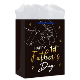 GMEMNOV First Fathers Day Gift Bag - 13" Large Fathers Day Gift Bag with Tissue Paper Happy 1st Father's Day Paper Bags for New Dad First Time Dad