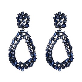 Flyonce Women's Geometric Statement Drop Earrings, Rhinestone Crystal Large Oval Hoop Dangle Chandelier Earrings Navy Blue