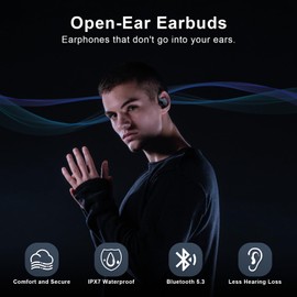 Open Ear Headphones, Open Ear Earbuds, IPX7 Waterproof, Bluetooth 5.3 True Wireless Sports Over Ear Earbuds with Earhooks, Built-in Mic, Crystal-Clear Calls for Running Workout Cycling Driving