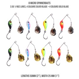 Rigged and Ready Micro Spinnerbaits x 8 Set. 4 x 3.5g gold + 4 x 3.5g Silver. 100% Barbless & Weedless, 5cm Length