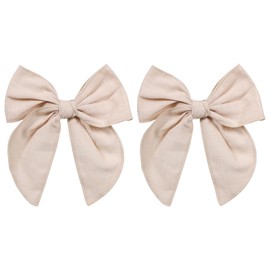 5.5" Beige Cotton Linen Ribbon Hair Bows 2pc Fable Sailor Hair Bow Clips Alligator Barrettes for Teens Toddler Girls Kids Back School Gift Women Happy Fall Dress Accessories