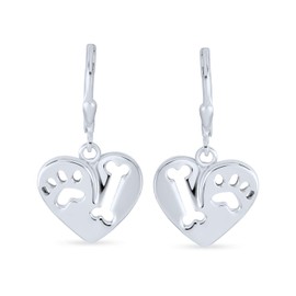 I Love My Dog Heart Shape Cut Out Puppy Pet Bone Animal Lover Paw Print Drop Dangle Lever back Earrings For Women .925 Sterling Silver