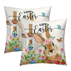 Imiss Happy Easter Throw Pillow Covers Set of 2 Easter Cute Bunny Eggs Flowers Spring Decorative Outdoor Farmhouse Cushion Case 18x18 Inch for Sofa Couch Bedroom
