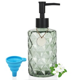 Green Glass Soap Dispenser with Black Plastic Pump, 12oz Clear Crystal Refillable Liquid Hand Soap Dispenser, Diamond Design Lotion Dispensers for Hand Soap, Soap, Lotion