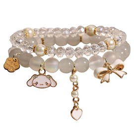 ZMANYIJEW Kawaii Bracelets Set Crystal Beads Pearl Bracelets Cute Cartoon Elastic Beaded Bracelets for Women (White, Bronze)