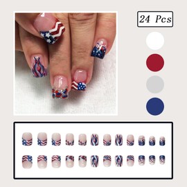 24pcs 4th of July Press on Nails Short Square Fake Nails with American Flag Heart Fireworks Star Flame Designs Independence Day False Nail Tips French Tip Acrylic Nails Stick on Nails for Women