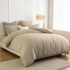 Soifox Double Duvet Cover Set Sandy Beige - Soft Microfiber Duvet Cover 200 x 200 cm with 2 Pillowcases 50 x 75 cm, Non Iron Luxury Bedding Set with Zipper Closure