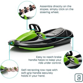Gizmo Riders Snow Sled for Kids, Adults - Toboggan Sled, Easy Turning Steering Wheel, Anti-Slip Seat, Pull Up Brake, Durable Plastic Sled, Lightweight, Snow Sleds, Age 3+, 260 lbs