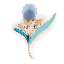 Light Blue/Teal Enamel Cat's Eye Stone Flower Brooch In Gold Tone - 50mm L