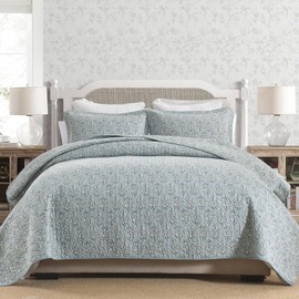 SOElinens Floral Quilt Queen Size - Light Blue Quilt Set with Matching Shams, Vintage Garden Botanical Quilted Bedspread, 3 Pieces 100% Cotton Lightweight Bedding Set Home Decor for All Season