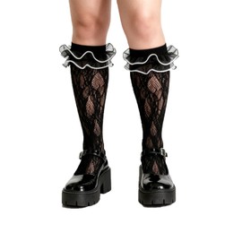 Benefeet Sox Black Lace Knee High Socks with Ruffles for Women Girls Kawaii Frilly Ruffle Mesh Fishnet Knee High Stockings Novelty Fancy Cute See Through Transparent Goth Lolita Long Socks