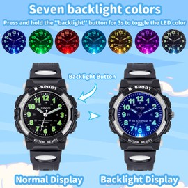 Juboos Kids Watch Analog with 7 Colorful Night Lights Boys Girls Waterproof Soft Strap Kids Time Teaching Quartz Wristwatch for Ages 5-18