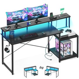 AODK Computer Desk, 56 Inch Gaming Desk with Led Lights & Power Outlet, Office Desk with Printer Storage Shelves, Reversible Desk with Monitor Shelf & Headphone Hook, Carbon Fiber Black