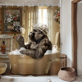Homewelle Funny Monkey Shower Curtain Cool Chimpanzee in Bathtub Wildlife Animal Rustic Kids Boys Mens Farmhouse 60Wx72H Inch Modern Cute Bubbles Country Waterproof Polyester Fabric Bathroom Bathtub