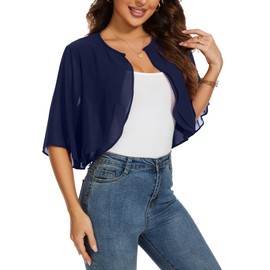 HANERDUN Bolero Women's Festive Elegant Chiffon Cardigan 3/4 Sleeve Short Shoulder Jacket Perfect with All Sorts of Cocktail Dress Evening Dress, navy blue