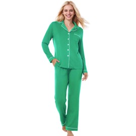 Exemaba Women Long Sleeve Pajama Set Modal Button Down 2-Piece Pjs Pants Sleepwear Lounge Set(Green,XL)
