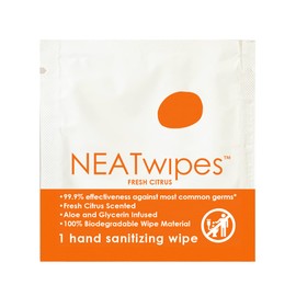NEATwipes Hand Sanitizing Wipes | Travel Size | Disposable Wet Wipe & Biodegradable | Fresh Citrus Essential Oil | Soothing Aloe Vera | 24 Individually Wrapped Wipes