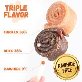 Pawmate Dog Treats, Chicken Duck Big Roll with Rawhide Stick Healthy Dog Jerky High Protein Dog Training Treats Dog Snacks Chewy for Medium Large Dog 4 Counts