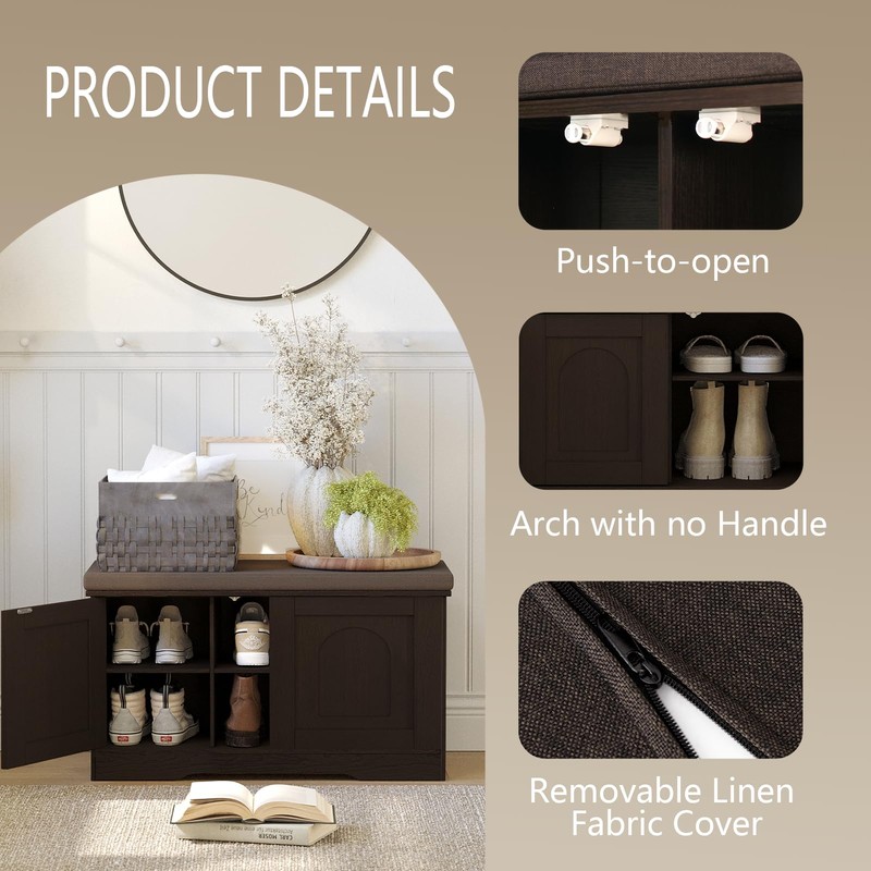 DINZI LVJ Shoe Bench, Entryway Storage Bench with Doors, Cushion,