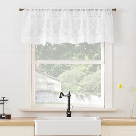 No. 918 Tina Geometric Clipped Semi-Sheer Rod Pocket Kitchen Curtain Valance, 54" x 15", White