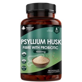 Fibre Supplement 4000mg Psyllium Husk With Probiotic Acidophilus - High Strength - Natural Soluble Fiber Supplement From Plantago Ovata Seeds, 360 Psyllium Husks capsules Vegan, Made in UK by New Leaf
