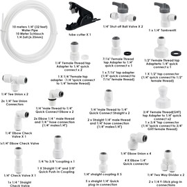 30pcs Water Inlet Pipe Universal Connector Set, FOROREH 10 Meters Fridge Hose, RO Water Filter Fitting, 1/4" (6mm) Pushfit Straight Connector for Water Pipe (Y+T+I+L Type Combo + Shut-Off Valve)