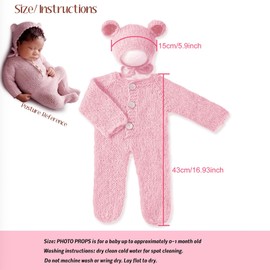 Newborn Photography Props Teddy Bear Outfit,Newborn Posing Props Footed Romper With Bear Hat, Romper and Hat Set for Baby Photo Prop