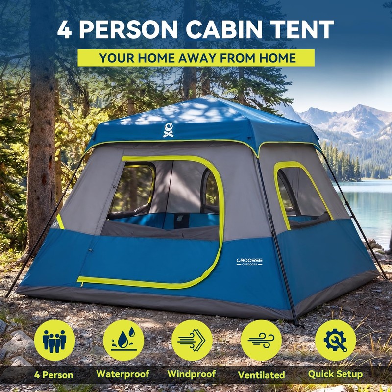 4 Person Instant Cabin Tent with Rainfly, Easy Setup Family