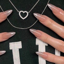 Qsnidy Glossy Press on Nails Almond Medium Length Fake Nails with Chrome French Tips, Natural Brown Nude Full Cover False Nails Acrylic Soft Gel Nails, DIY Set with Glue, 24 Nails Kit in 12 Sizes