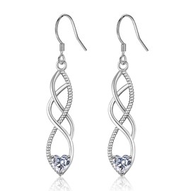 Sterling Silver Drop Earrings, Twisted Linear Dangle Earrings with Heart Shaped Cubic Zirconia for Women Girls│Hypoallergenic Earring for Sensitive Ears│Birthday Anniversary Christmas Dangly Earrings