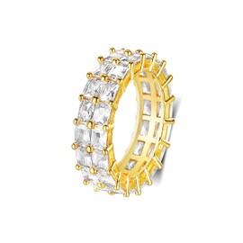 18K Yellow Gold Plated Engagement Promise Wedding Ring Baguette Ring Eternity Band for Women, 2 Rows Emerald Cut Cubic Zirconia Rings Size 6