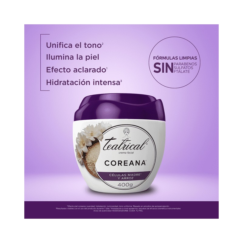 Crema facial Teatrical efecto Piel Coreana de 400 gramos