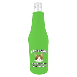 I Love Cats Beer Bottle Coolie With Opener Bright Green