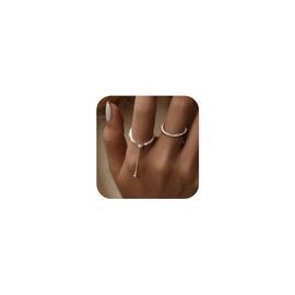IPEPPY Stackable 925 Sterling Silver Link Chain Ring with Dangle Beaded Ball Adjustable Tassel Dangling Ring for Women Thin Sparkling Bling Finger Statement Line Ring Jewelry Christmas Gifts for Her