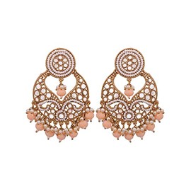 Crunchy Fashion Bollywood Jewellery Traditional Ethnic Bridal Bride Wedding Bridesmaid Gold-Plated Concentric Texture Stone Design Peach Pearl Dangler Earrings