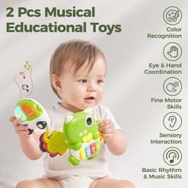 evoceler 2 Pcs Light Up Baby Piano Toys with Teethers & 4 Music Modes - Interactive Educational Baby Musical Toys, Keyboard for Toddler 18+ Months, Sensory Learning Boy Girl Gift (Dinosaur Design)