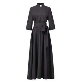 BPURB Church Dresses for Women Elegance Audrey Hepburn Style Tab Collar 3/4 Puff Sleeve Swing Maxi Dress with Long Belt Black