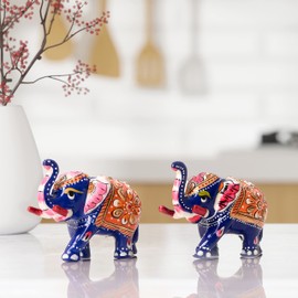 Minakari Traditional Indian Rajasthani Décor Hand Painted Statue Sculpture Christmas Festive Decoration Showpiece for Table Home Office and Gifting (Blue Elephant Set of 2)