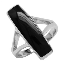 Silvershake Long Created Black Onyx Stone Inlay White Gold Plated 925 Sterling Silver Modern Style Ring Jewelry for Women Size 5.5