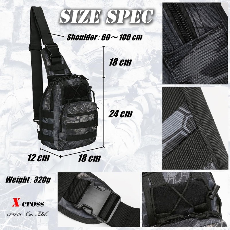 X-cross Military Body Bag, Large Capacity, 3-Way, One Shoulder, Lightweight,