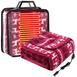 58x43 Inches 12v Heated Car Blanket Plug In, Red White, Reindeer