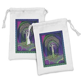 Ambesonne Nature Fabric Pouch Set of 2, Digital Psychedelic Tree of Life Turning Gothic Background Mystery Display, Small Drawstring Bag for Toiletries Masks and Favors, 9" x 6", Purple Fuchsia