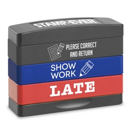 Stakz Pre-Inked Teacher Message Stamp – Please Correct and Return, Show Work, Late -Red, Blue and Black Ink – Impression Size: 5/8” x 1-13/16”