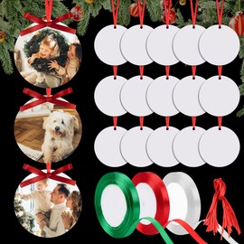 Sublimation Ornament Blanks 12 Pcs MDF Christmas Sublimation Blank Pendants Bulk Double Sided Printed Round Ornaments with 3 Roll Ribbon for DIY Craft Christmas Tree Decoration Supplies