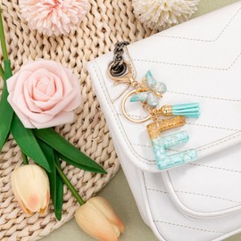 MWOOT Cute Initial Letter E Keyrings Green Key Ring,Capital Alphabet Gold Foil Resin Keychain Charm with Butterfly Tassel Pendant,Fashion Key Chain for Women Adult Gift Purse Bag Handbag Decor(E)